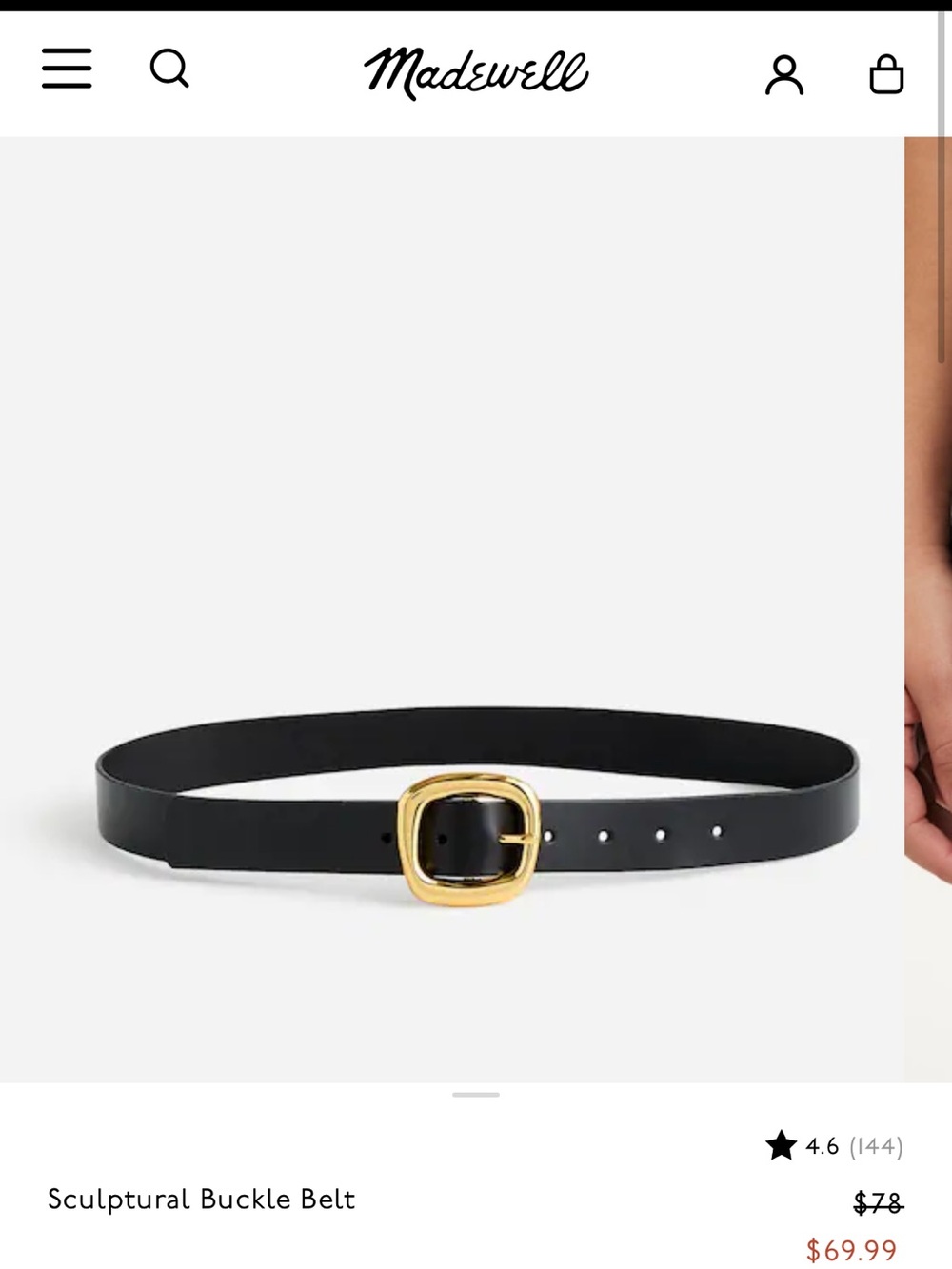 Madewell Black Sculptural Belt with Gold-Tone Rounded Buckle